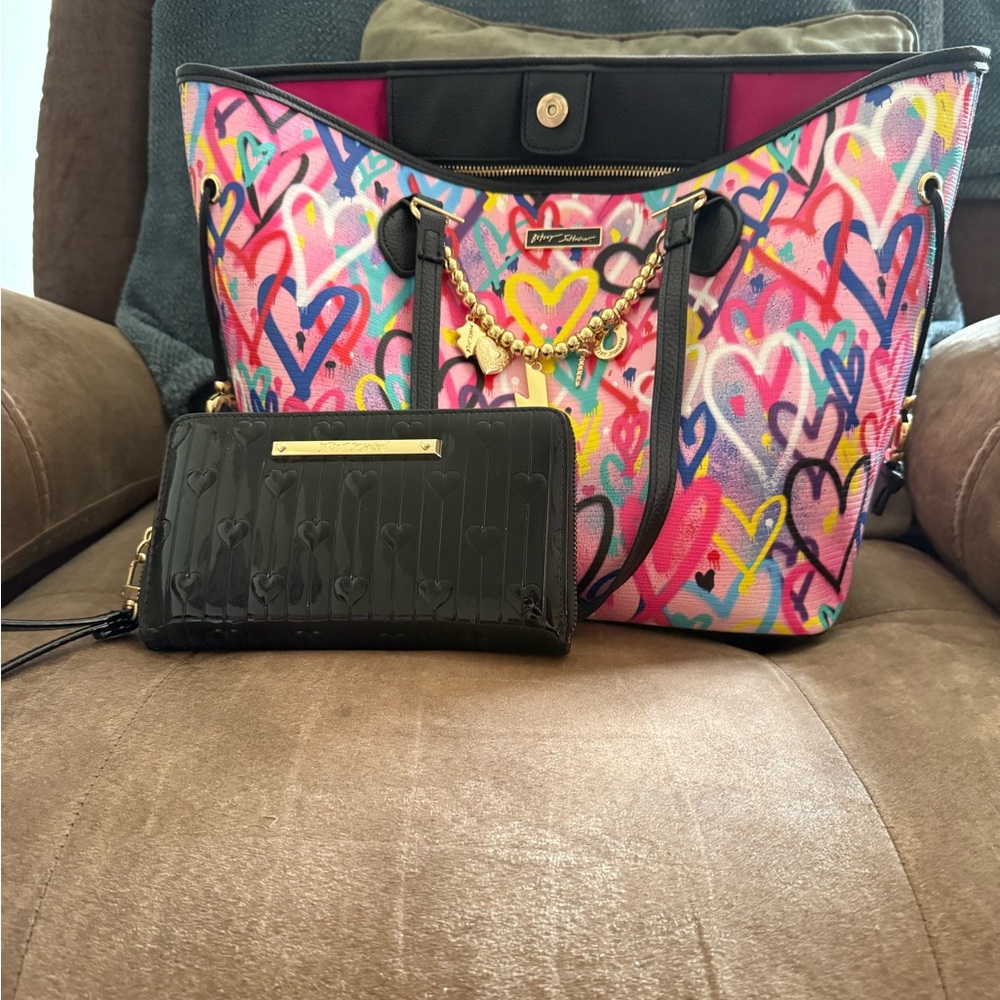 Betsey Johnson Multicolor Heart Tote with Black Wallet